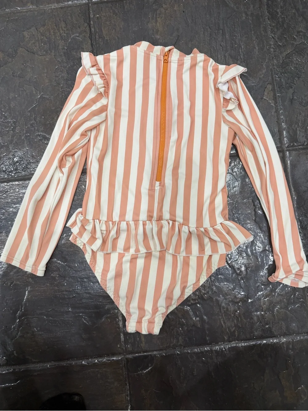 LDIOIF Girls Peach Stripe Ruffle Long Sleeve One Piece Swimsuit Size 5-6